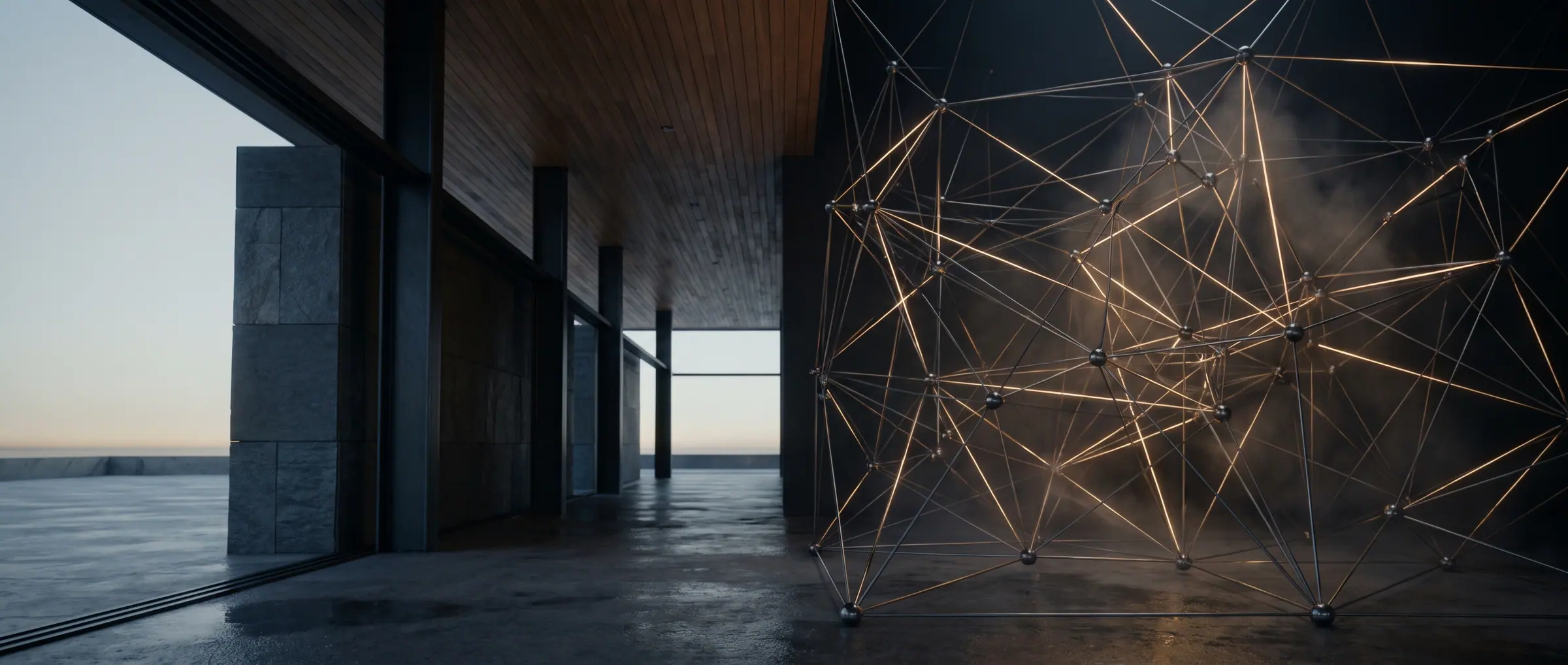 A cinematic architectural interior with a glowing gold network sculpture and a horizon beyond floor-to-ceiling glass.