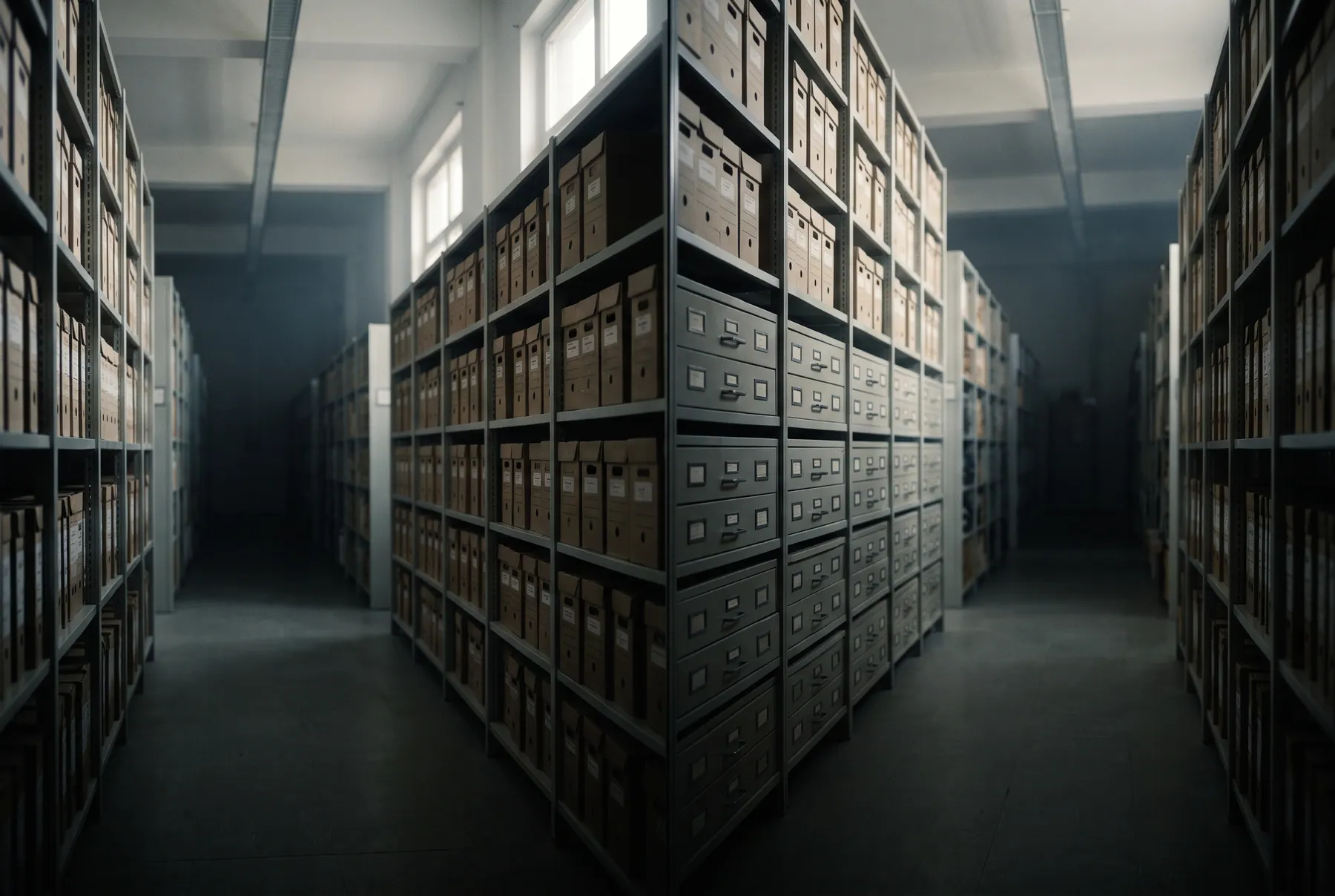 Ordered rows of federal records receding into shadow, one warm light picking out a single row.