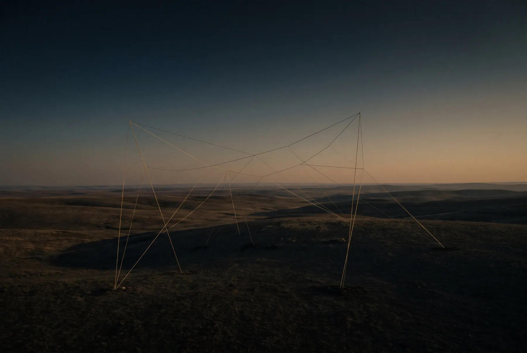 A forward-looking high desert horizon at first light with faint gold connection lines rising into the sky.