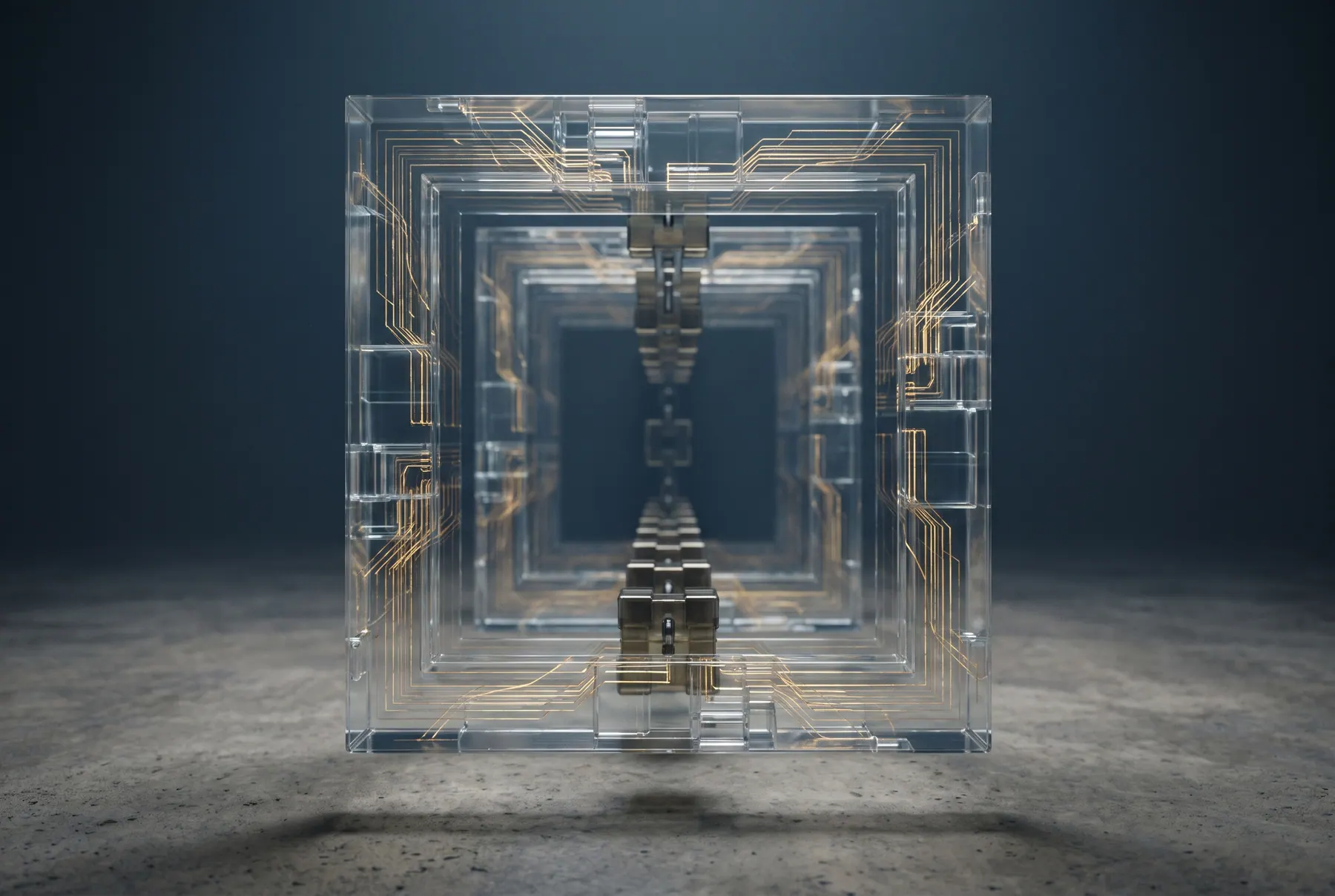 A translucent glass cube of layered circuitry with a gold hash-chain spine, representing a governed control plane.