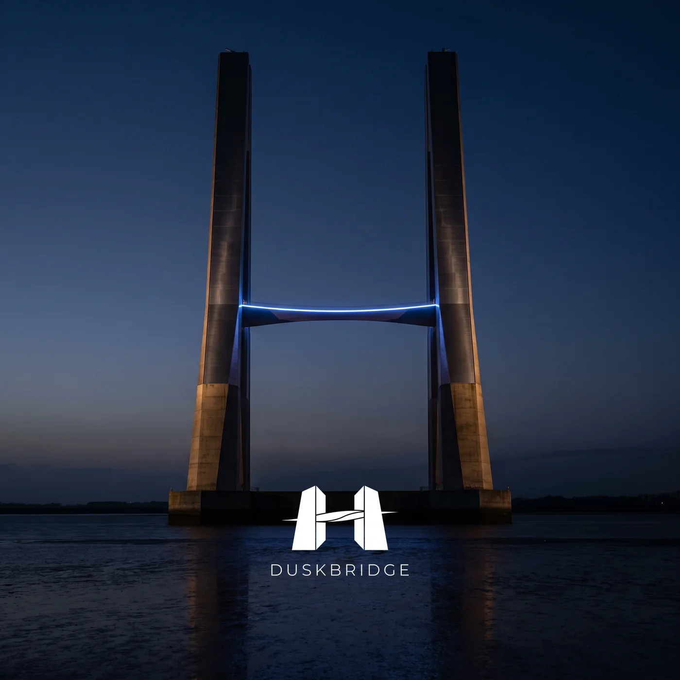Duskbridge bridge symbol and wordmark beneath a monumental bridge at dusk.