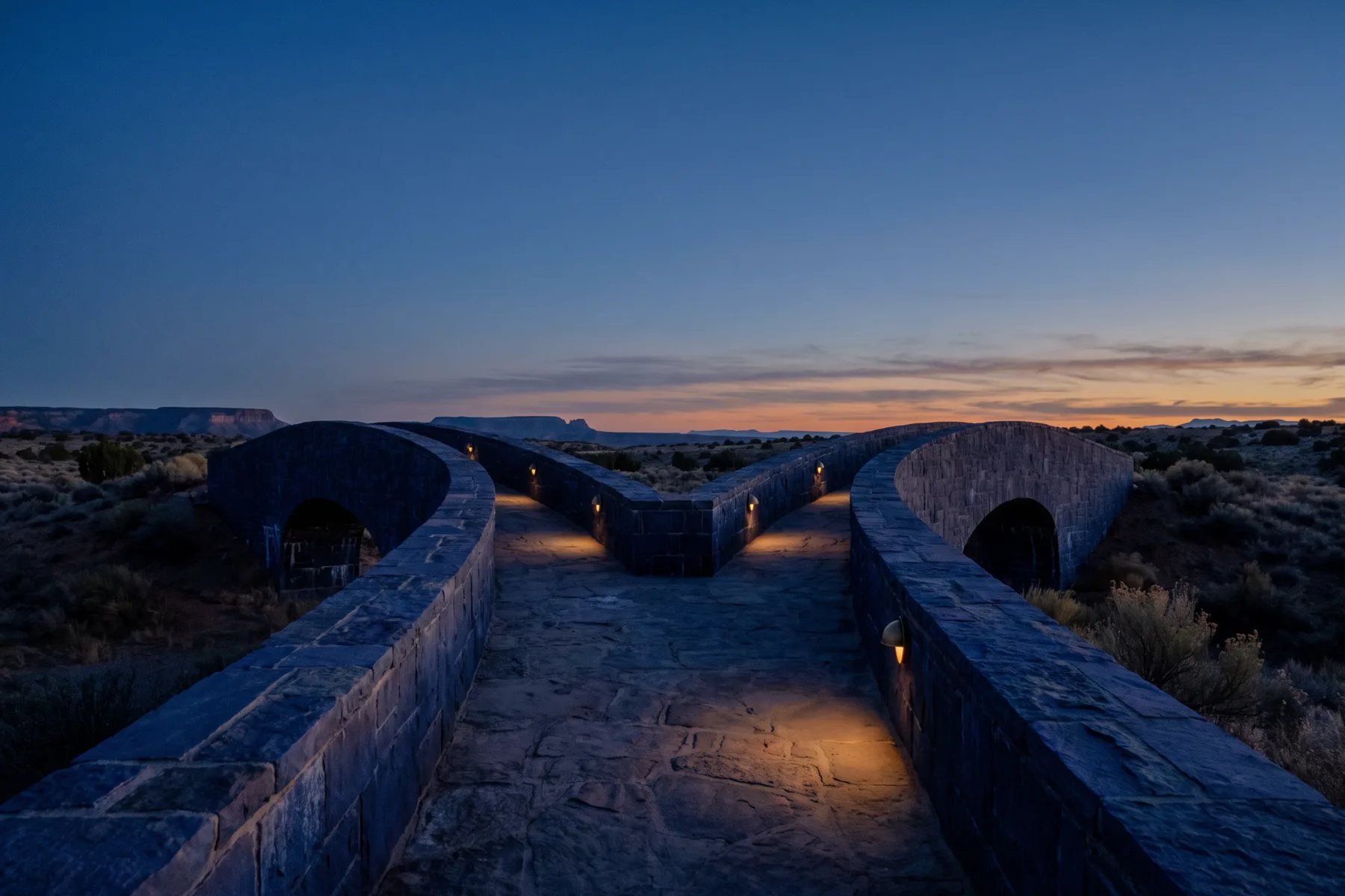 Two dark stone paths branching across the New Mexico high desert at dusk.