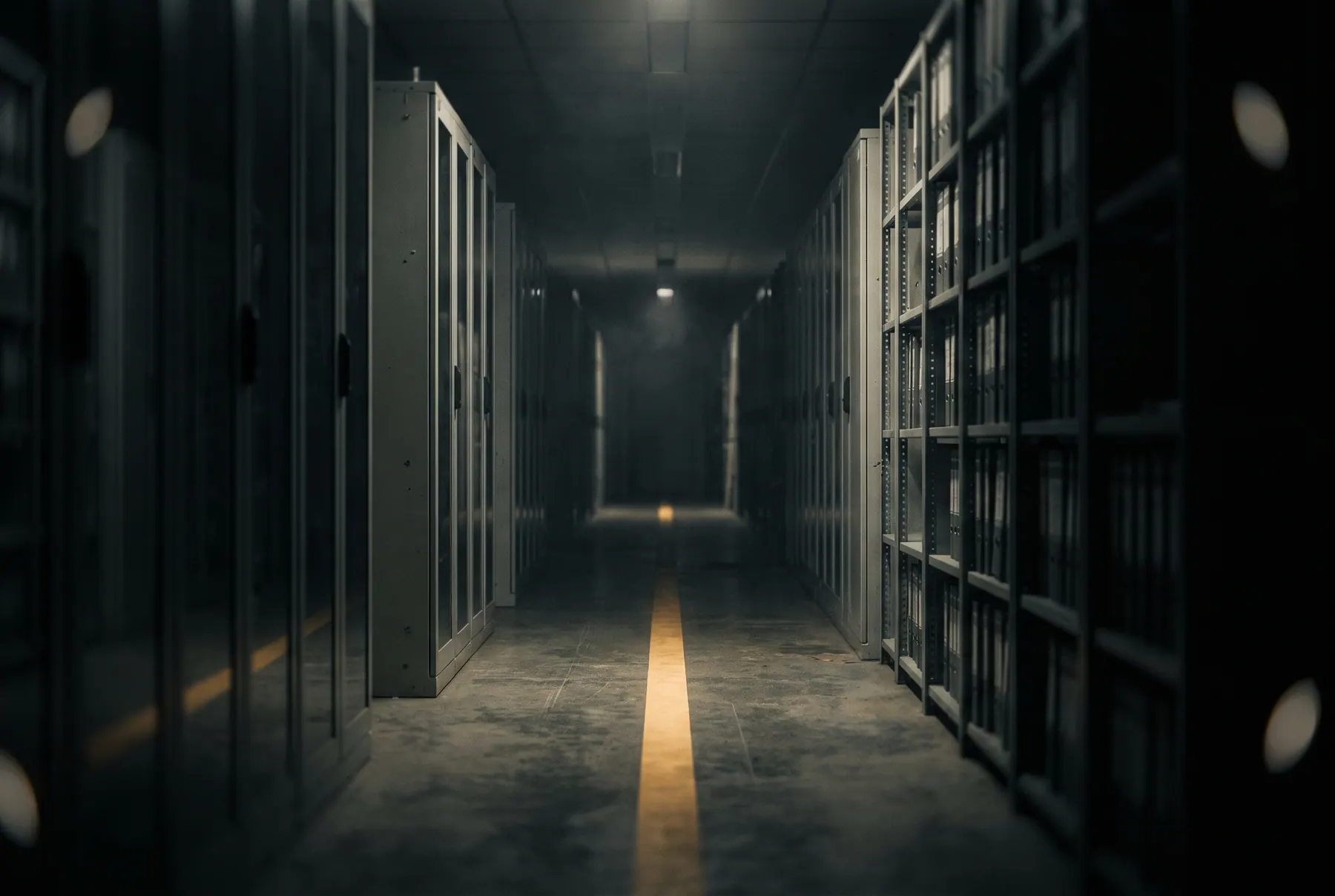 A secure federal facility corridor of ordered records receding into darkness, one gold line down the floor.