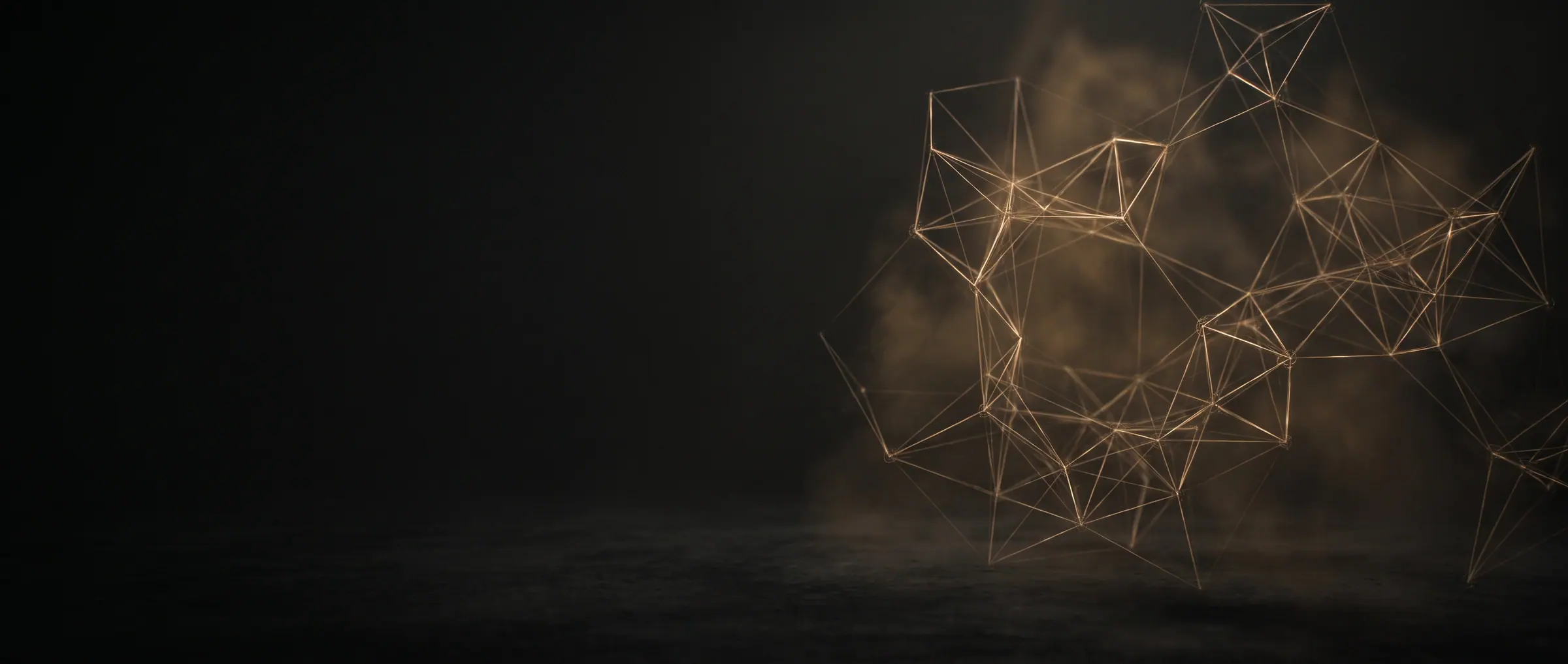A cinematic gold network lattice suspended in an architectural, near-black interior.