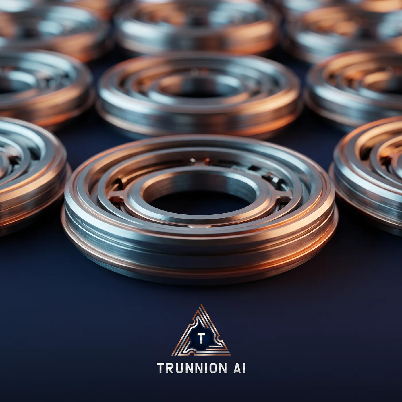 Trunnion AI triangular symbol and wordmark beneath precision metal trunnions.
