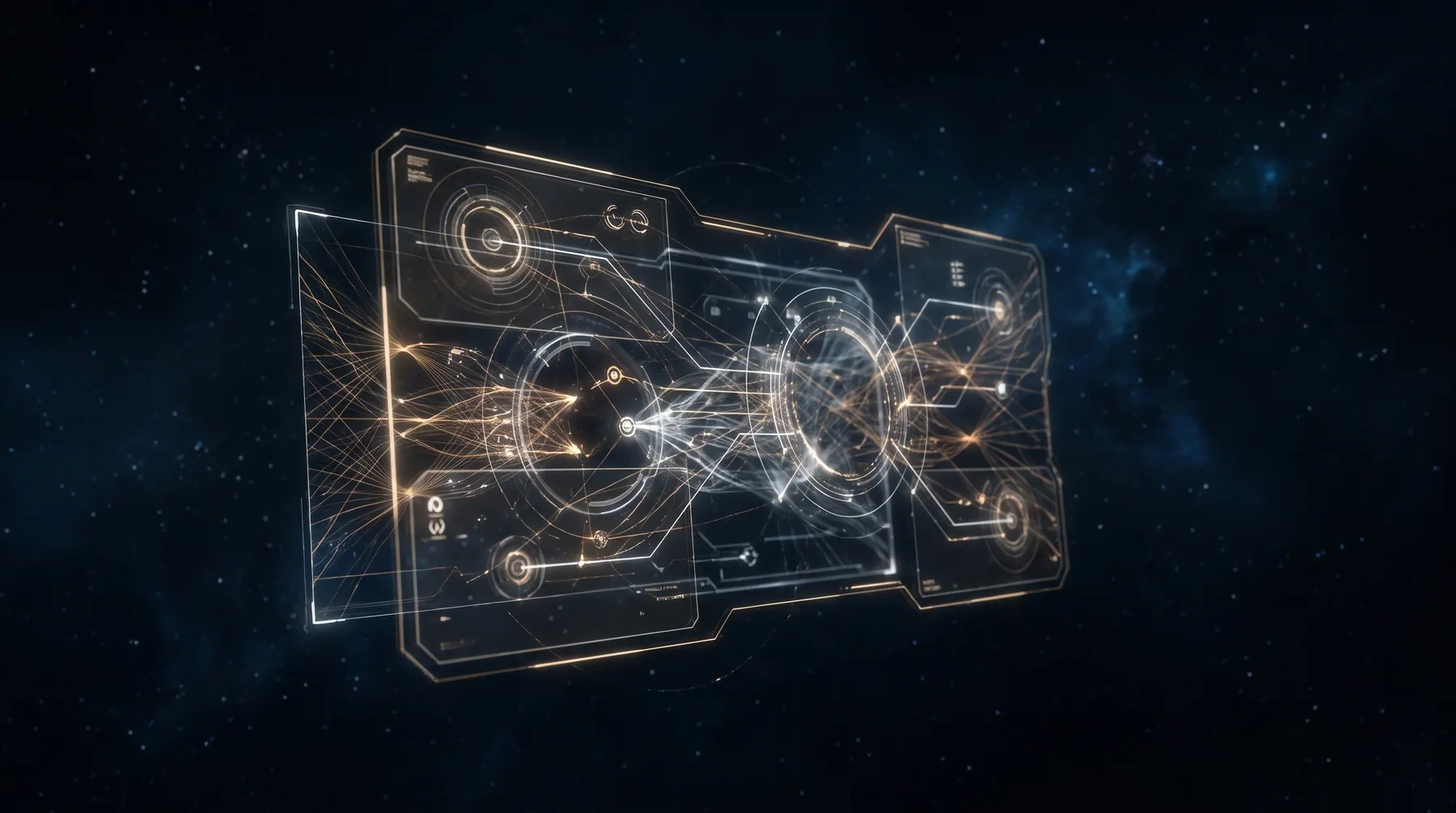 An abstract holographic control-plane console floating in near-black space.